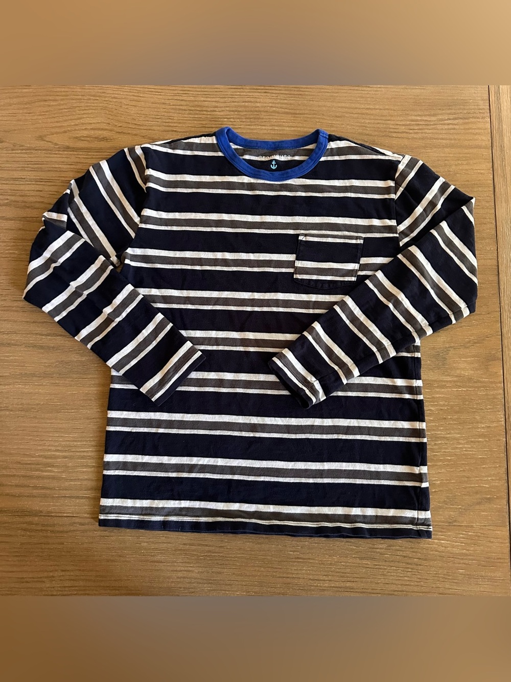 Crewcuts Boys Striped Long Sleeve Pocket Tee Navy Gray Size 12-14